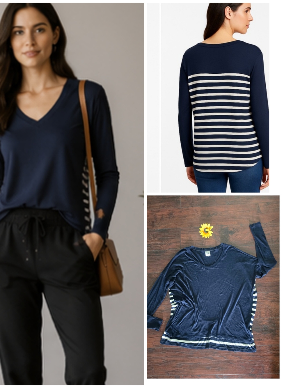 Cabi Striped Back Navy V-Neck Women's Top